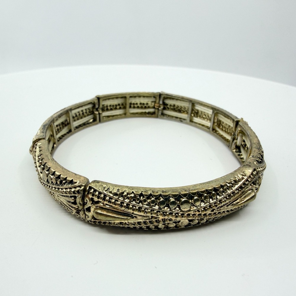 Vintage Gold Tone Textured Stretch Bangle Cuff Bracelet Retro